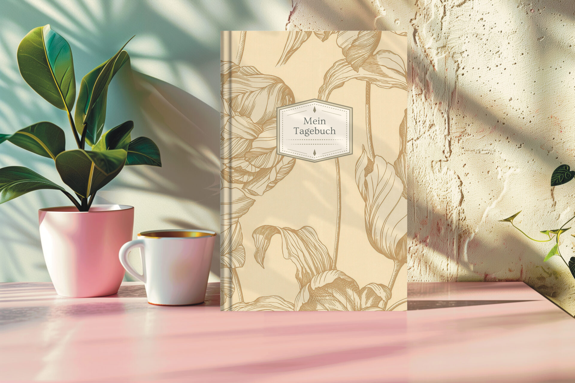 Tulpenzauber Tagebuch in Beige – liniertes Journal mit floraler Zeichnung für achtsames Schreiben.