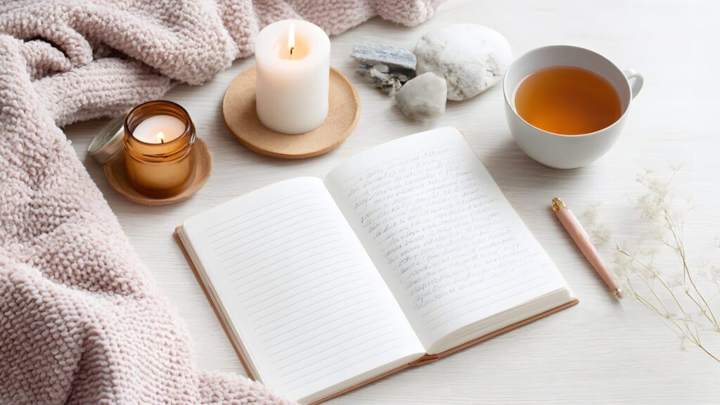 Kerze und Strickdecke als Journaling-Stimmung