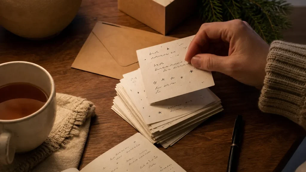 Hand beschriftet kleine Zettel für einen achtsamen Adventskalender, daneben Papierumschläge und eine Tasse Tee