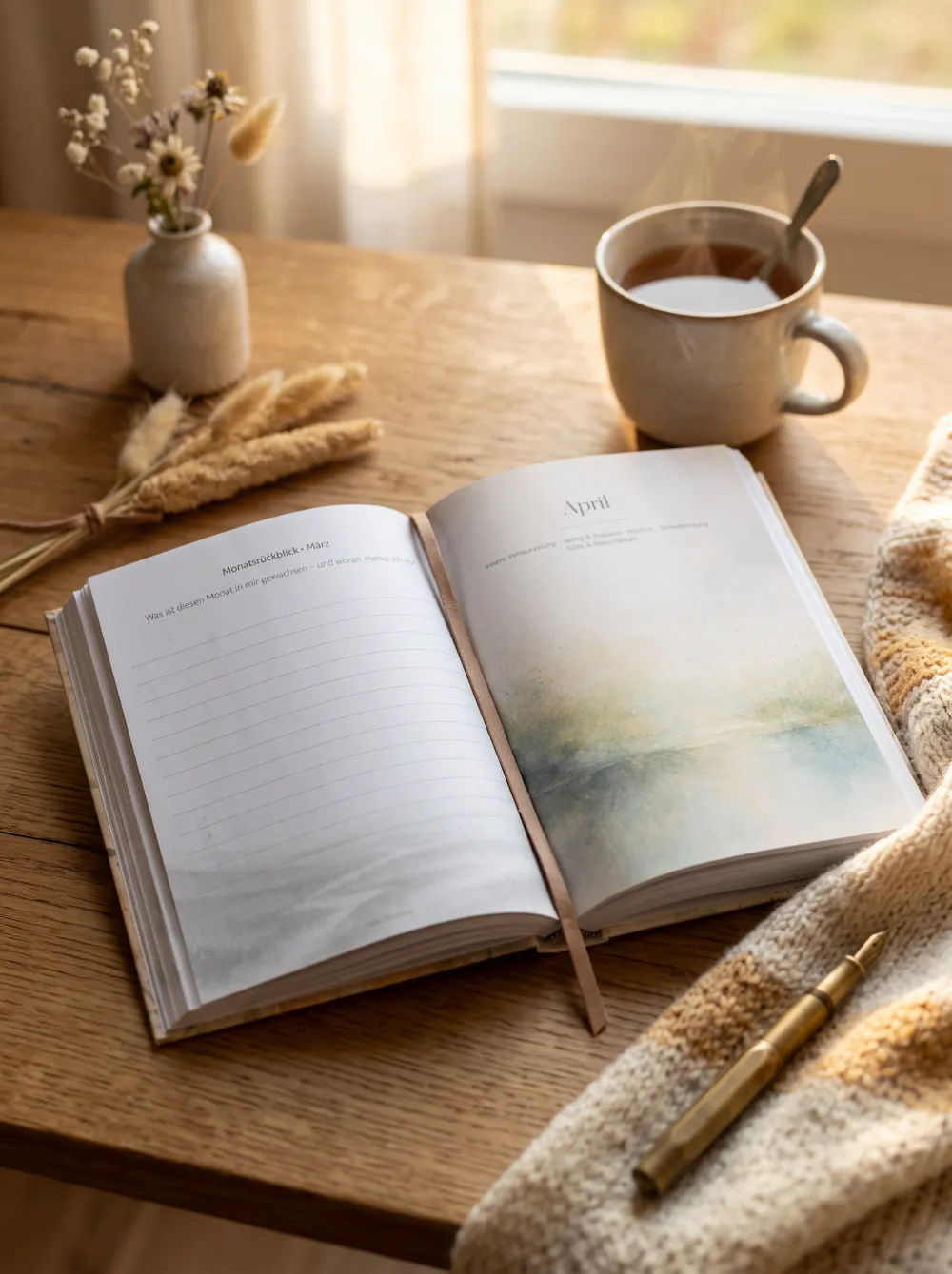 Aufgeschlagene April-Seite im Jahresjournal neben einer Tasse Tee und Trockenblumen