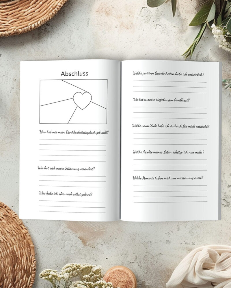 Abschließende Seiten des Dankbarkeitstagebuchs mit Dankesbrief an sich selbst und Platz für Herzensmomente.