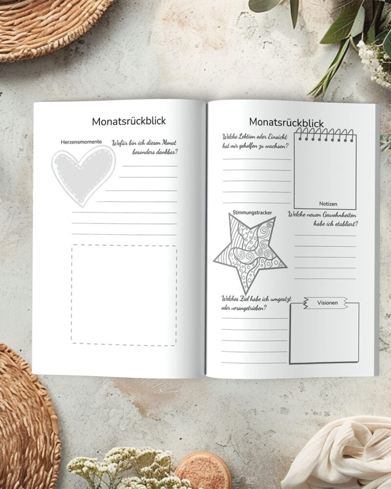 Monatsrückblick im Dankbarkeitstagebuch – Fragen zur Selbstreflexion und Zielsetzung.