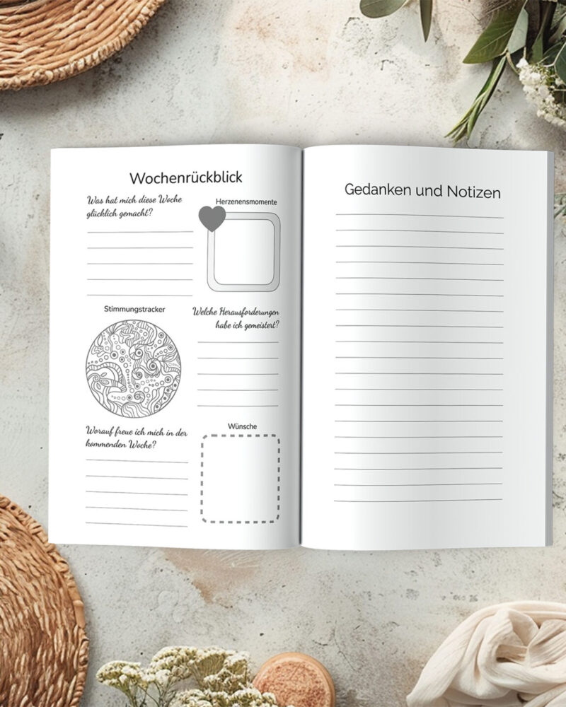 Wöchentlicher Rückblick im Dankbarkeitstagebuch mit Moodtracker und Raum für Erkenntnisse.