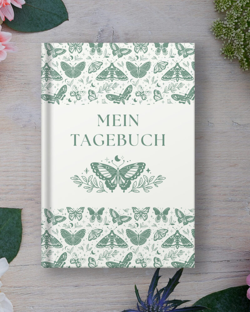 Grünes Nachtfalter Tagebuch – achtsames Notizbuch für Ruhe und Dankbarkeit.