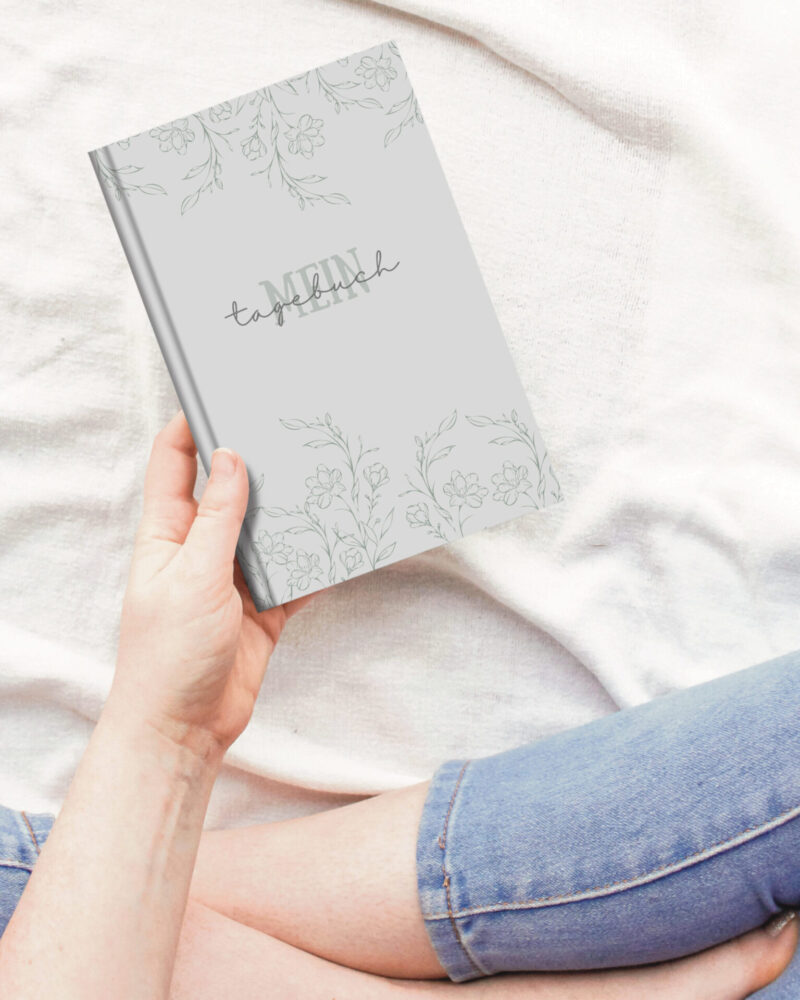 Graues Blütenranken Tagebuch – minimalistisches Notizbuch für Reflexion und Journaling.