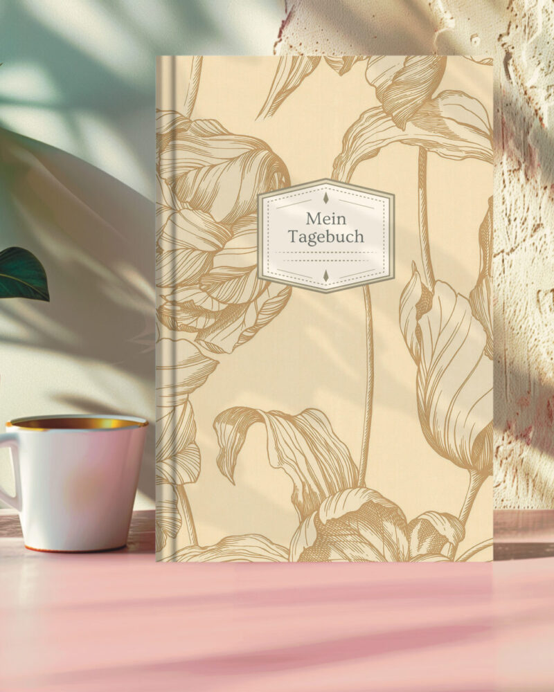 Tulpenzauber Tagebuch in Beige – liniertes Journal mit floraler Zeichnung für achtsames Schreiben.