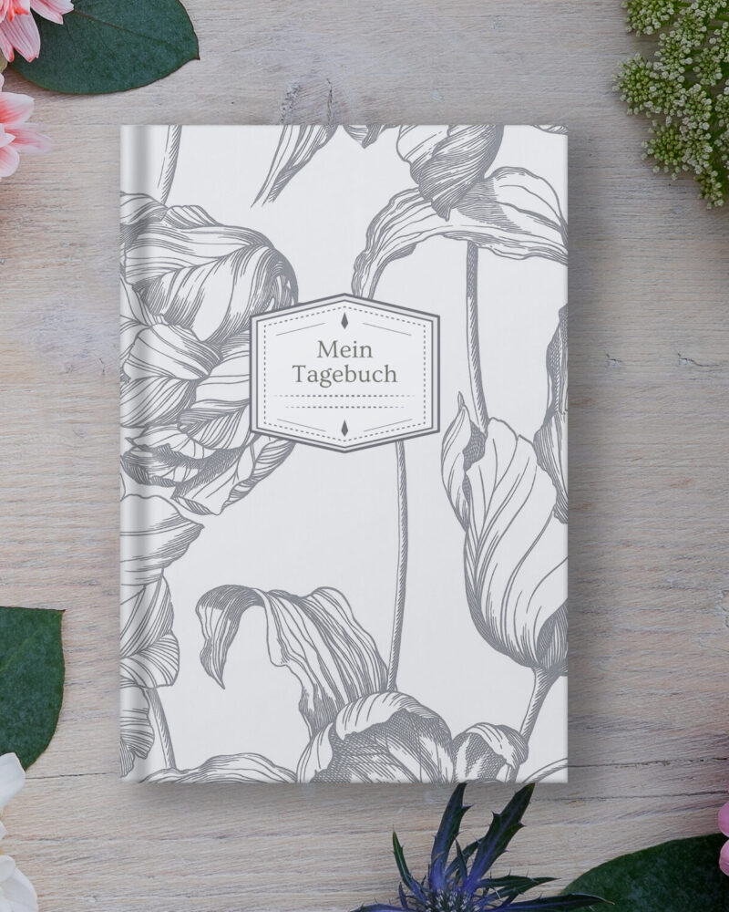 Graues Tulpenzauber Tagebuch – minimalistisches Design für Fokus und Klarheit.