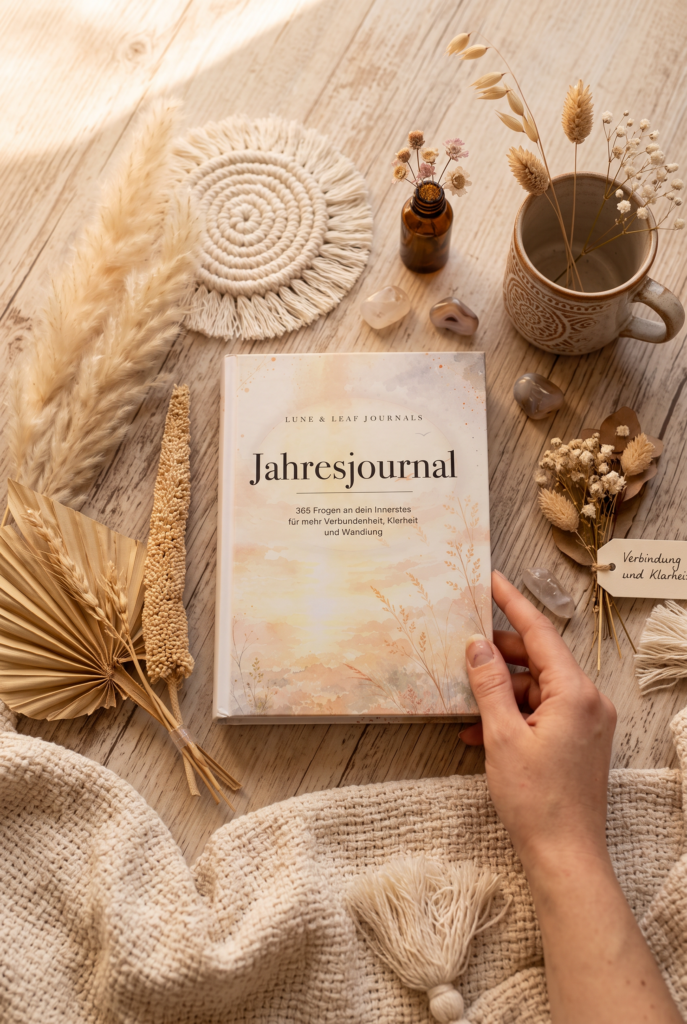Das Jahresjournal von Lune and Leaf Journals zwischen Trockenblumen und einer Tasse auf einem Holztisch