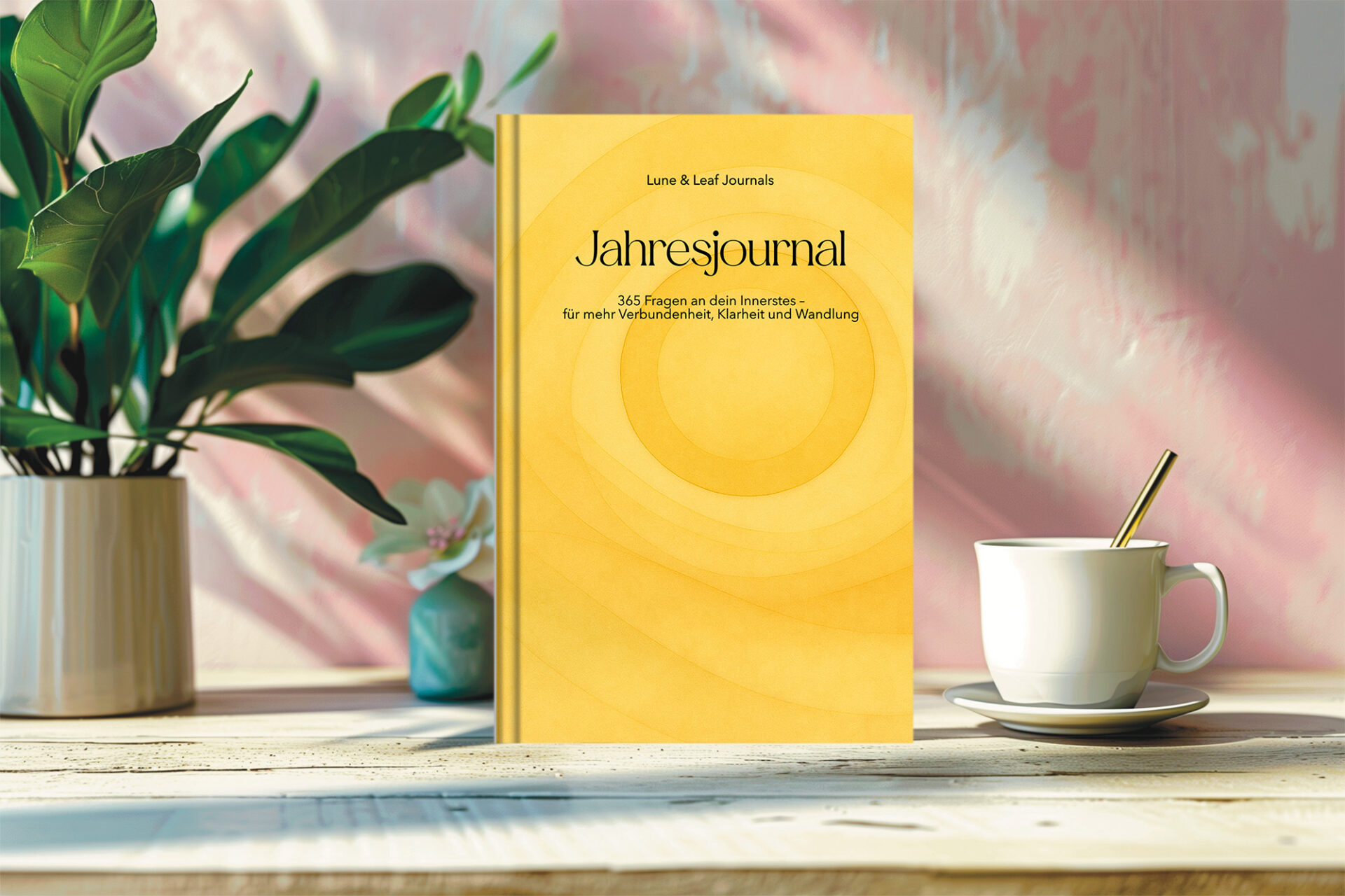 Jahresjournal aufgestellt auf rosa Hintergrund
