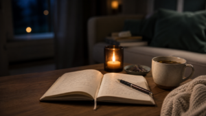 Aufgeschlagenes Journal mit Stift bei Kerzenlicht am Abend