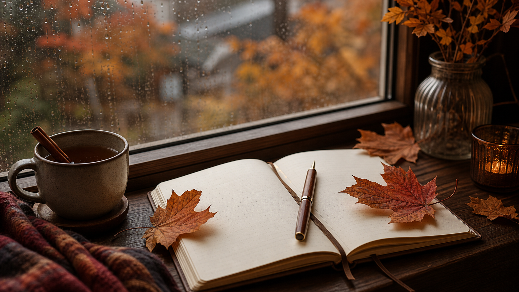 Aufgeschlagenes Notizbuch mit Füller und Herbstlaub am Fenster